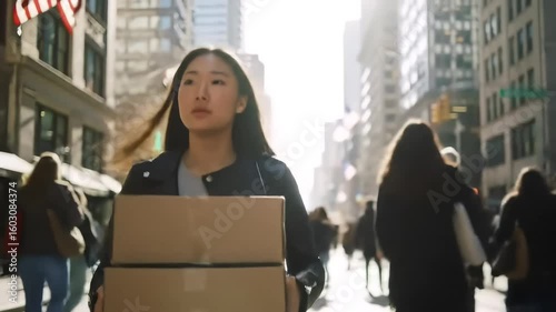 Woman carries boxes, city street, sunlit