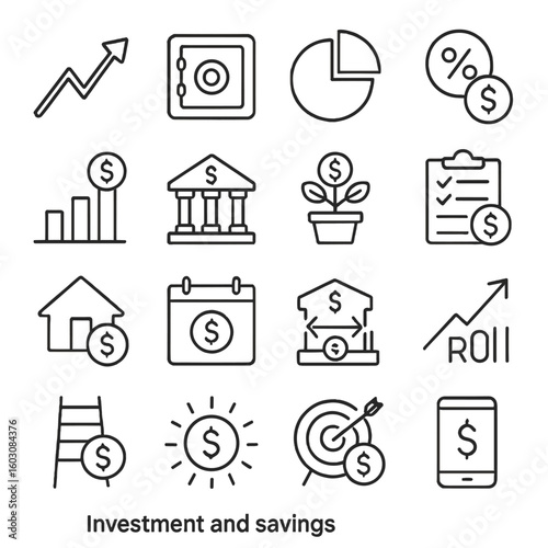 Investment Line Style Icons. Line style icons of investment and savings: stock arrow, savings vault, investment pie, interest icon