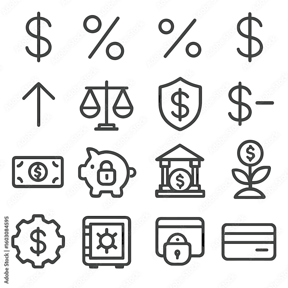 Fototapeta premium Financial Symbols Icons. Line style icons of financial symbols: dollar sign, percent icon, interest sign, plus money, minus funds,