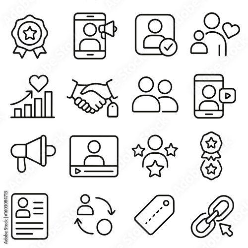 Influencer Marketing Icons. Line style icons of influencer marketing: influencer badge, sponsored content, creator post, follower