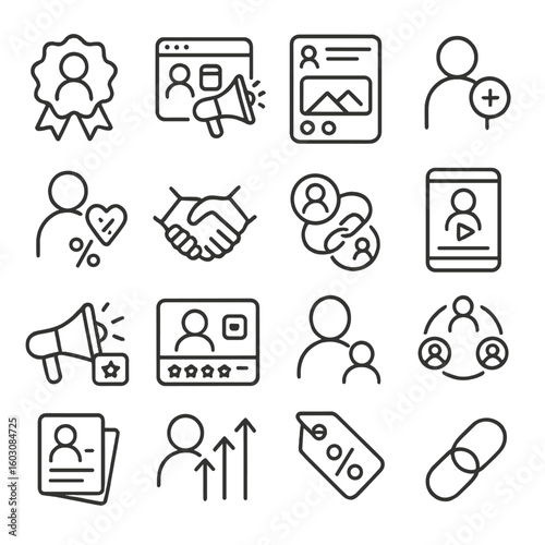 Influencer Marketing Icons. Line style icons of influencer marketing: influencer badge, sponsored content, creator post, follower