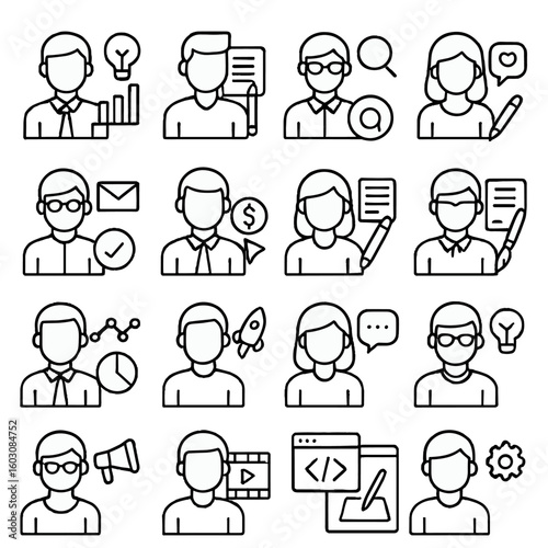 Digital Marketing Roles Icons. Line style icons of digital marketing team roles: marketing manager, content creator, SEO
