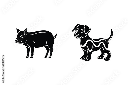 Black pig and dog illustration animal