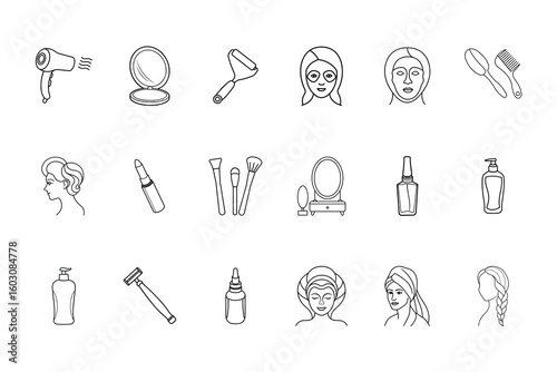 Collection beauty grooming icons including hairdryer makeup brushes skincare vector