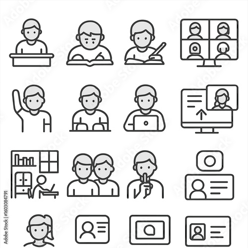 Student Line Icons. Line style icons of students and study: student at desk, focused learner, note taking, reading ebook, group