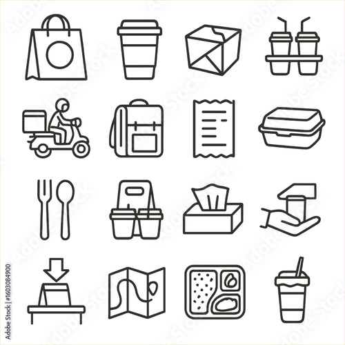 Takeaway Delivery Icons. Line style icons of takeaway and delivery: delivery bag, paper cup with lid, sealed box, tray carrier,