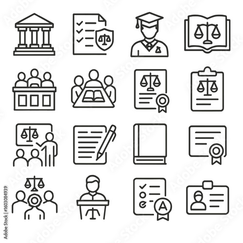Law Education Icons. Line style icons of law education: law school icon, legal exam paper, law student icon, casebook, moot court,