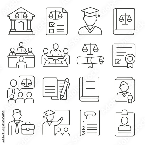 Law Education Icons. Line style icons of law education: law school icon, legal exam paper, law student icon, casebook, moot court,