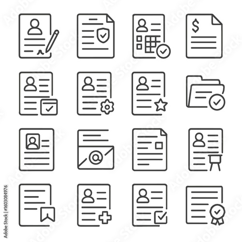 HR Document Icons. Line style icons of HR documents: employee contract, policy document, attendance sheet, salary slip, leave