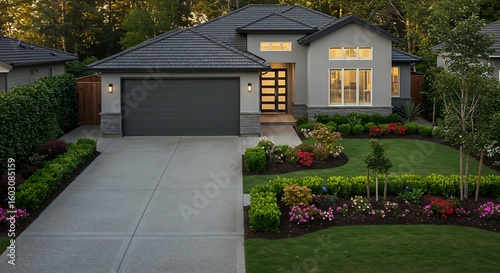 Home exterior with garage and driveway with nice landscaping desing around