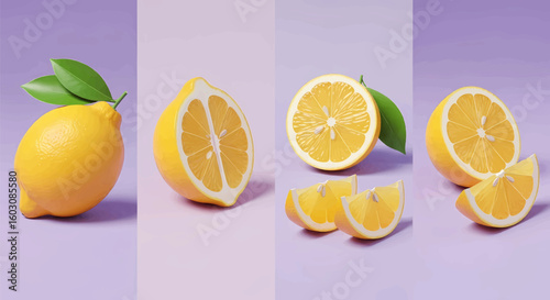 Vibrant Lemon 3D Render Whole, Halved, and Sliced Variations for Design Projects