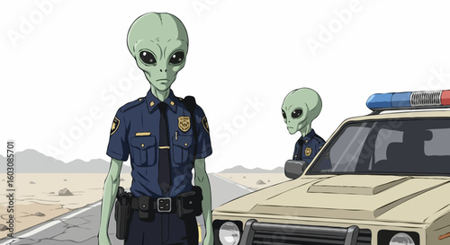 Two green aliens in police uniforms standing on a desert highway next to a patrol car