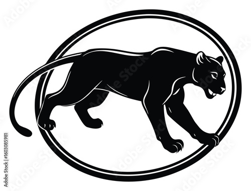 Black Panther Illustration with Sleek Design and Aggressive Stance Within a Circular Border for Mascot or Logo