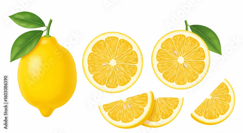 A fresh whole lemon with green leaves, juicy citrus slices, and vitamin-rich wedges. A realistic illustration set isolated on white.