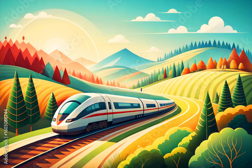 A sleek white high-speed train cutting through vibrant autumn countryside with mountains and sun, symbolizing eco travel, speed, and futuristic transportation
