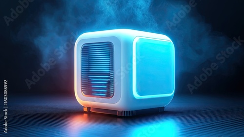 Futuristic Cube-Shaped Personal Air Cooler with Vibrant Blue and White LED Lights, Offering Instant Cool Relief on Hot Days, Isolated on Transparent Background -