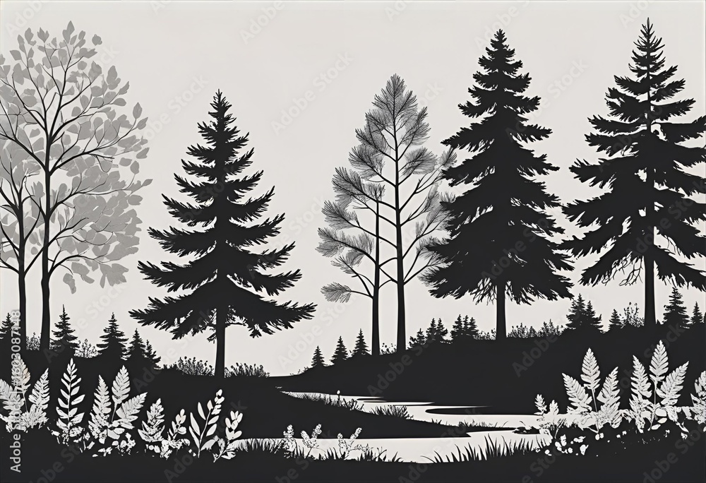 Obraz premium tree silhouette, deciduous trees, evergreen trees, forest, bushes, silhouettes, black and white, minimalist, botanical illustration