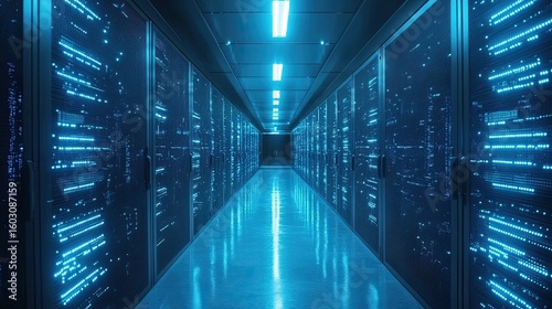 Futuristic Data Center Corridor, High-Tech Facility Digital Environment 