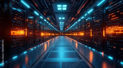 Futuristic Data Center Corridor, High-Tech Facility Digital Environment 