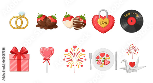 Collection of valentine's day themed icons including gifts, sweets, and romantic dinner setting elements