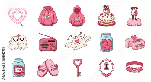Collection of valentine's day themed items including love letter, cake, and heart shaped objects
