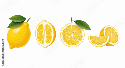 A vibrant collection of fresh yellow lemons, showing the whole citrus fruit with leaves, halves, slices, and juicy wedges isolated on a white background.