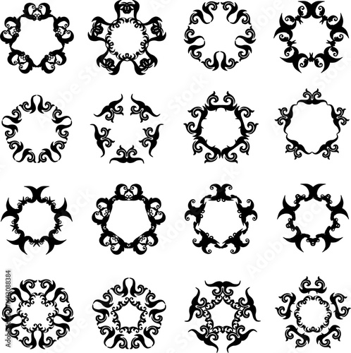 set of black pentagons or five pointed stars frames