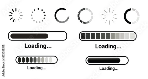 Loading icon set. Load circle icons. Download indicator sign. Black and White progress loading bar. Upload symbol. Loader icon. Vector illustration.