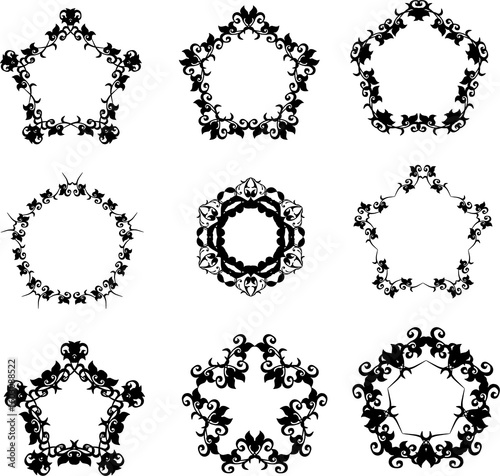 set of black florals frames like star and circle