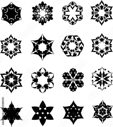 set of black florals stars