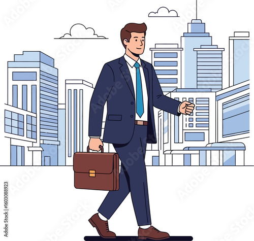 Confident businessman strides through modern cityscape, briefcase in hand.