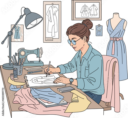 Fashion designer sketching dress designs at her workspace, surrounded by sewing machine, fabrics, and inspiration boards.