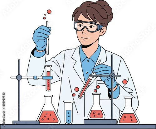 A female scientist in a lab coat carefully conducts a chemical experiment, working with beakers and test tubes.