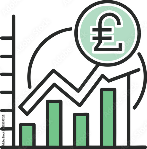 "Price line graph icon with pound sign, financial outline vector"