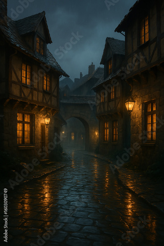 An atmospheric old street at night, featuring glowing lights that enhance the charm of the historic surroundings.