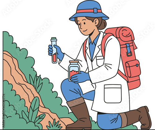 A female scientist in a lab coat kneels, examining samples collected from the natural environment.