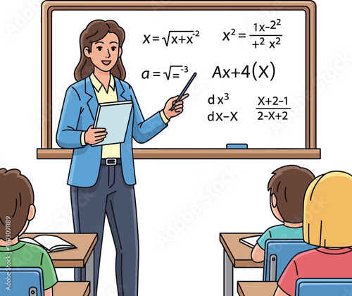 A female teacher explains mathematical equations to attentive students in a classroom setting.