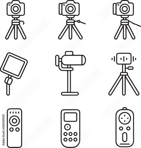 Photographer’s Tools Line Art Icons Camera Setup, Tripod Position Variations, Studio Lighting, Monopod, and Reflectors