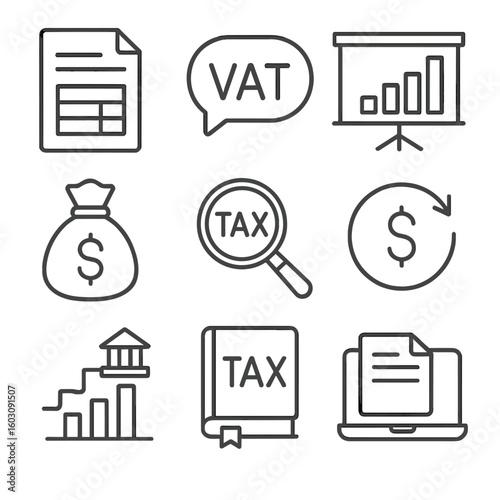 Tax Icons Collection. Line style icons of taxes and government revenue: income tax form, VAT icon, corporate tax chart, tax