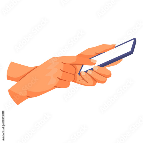 Hand holding smartphone and tapping with finger in cartoon style on white background. Concept of mobile device interaction. Vector illustration