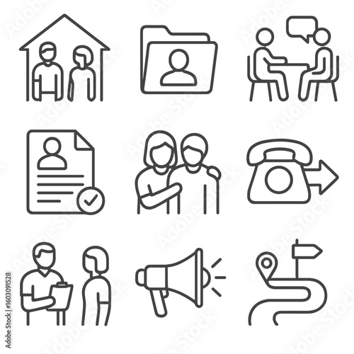 Social Work Icons. Line style icons of social workers: home visit icon, case file folder, support interview, social care form,