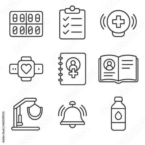 Caregiving Tools Icons. Line style icons of caregiving tools: medication organizer, daily care checklist, care alarm, wearable