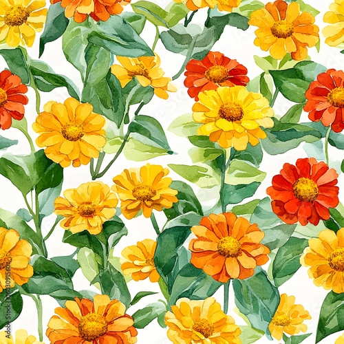 Watercolor floral pattern of zinnias with leaves.