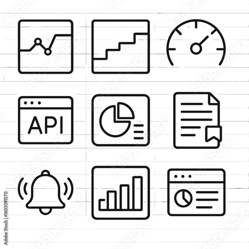 API Monitoring Icons. Line style icons of API monitoring and analytics: performance chart, uptime graph, error rate meter, call
