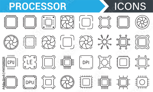 Various Technology Icons Representing Processors, Microchips, and Computer Parts