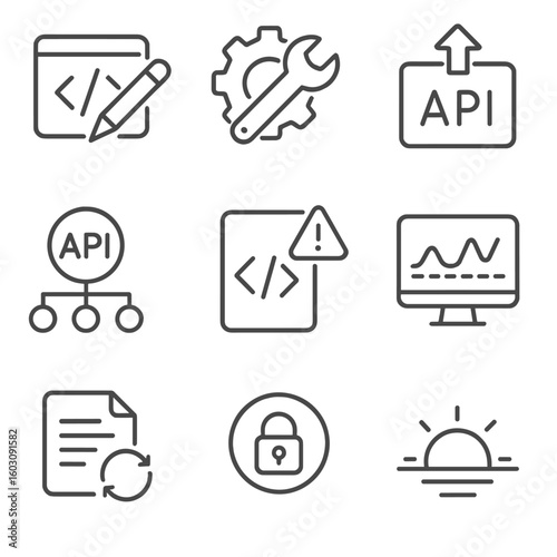 API Lifecycle Icons. Line style icons of API lifecycle management: design phase icon, development tools, publish icon, API