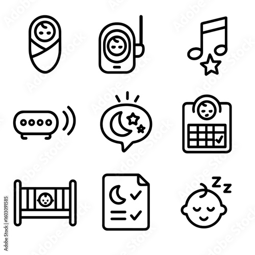 Baby Sleep Care Icons. Line style icons of baby sleep care: swaddle icon, sleep monitor, lullaby music, white noise machine, night