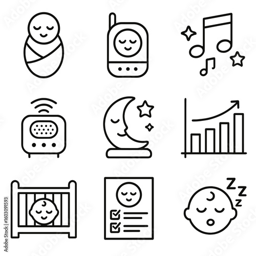 Baby Sleep Care Icons. Line style icons of baby sleep care: swaddle icon, sleep monitor, lullaby music, white noise machine, night
