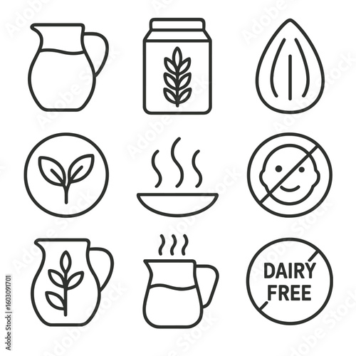 Dairy-Free Icons. Line style icons of dairy alternatives: soy milk jug, oat milk label, almond milk icon, plant-based logo,