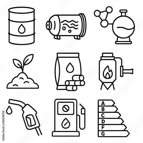 Alternative Fuel Icons. Line style icons of alternative fuel production: bioethanol drum, algae fuel tank, synthetic gas icon,
